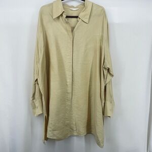 H&M Oversized 2X Tunic Button Down Shirt Beige Neutral Long Sleeve‎ Top Women's